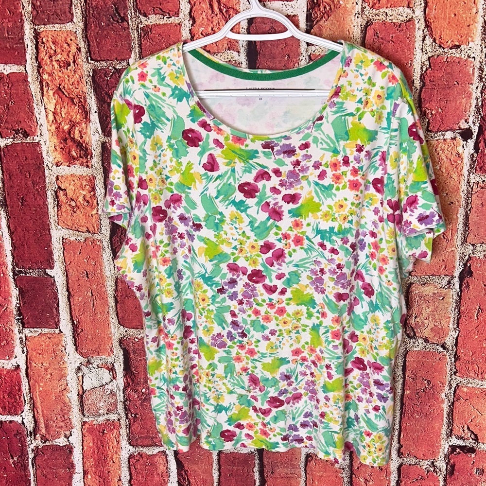 Laura Scott Women's 2X Floral Print Cotton Top